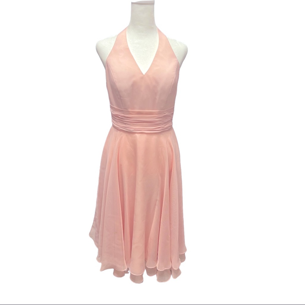 Mori Lee light pink halter cocktail tulle double layer dress with shawl